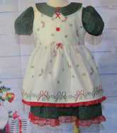 2 PC Girls Christmas Dress Green with Cream Holly Apron