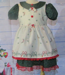 2 PC Girls Christmas Dress Green with Cream Holly Apron