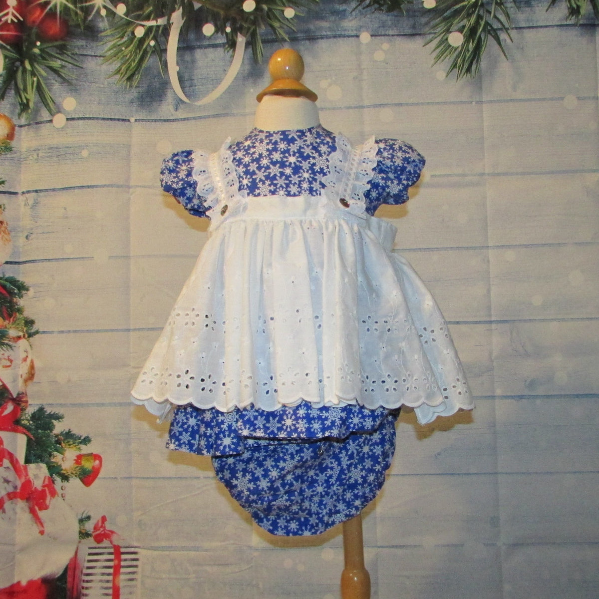 3 Pc. Blue Snowflake Christmas Dress with White eyelet Apron and match Tadpole Apparel 3 Pc. Blue Snowflake Christmas Dress with White eyelet Apron and match Tadpole Apparel