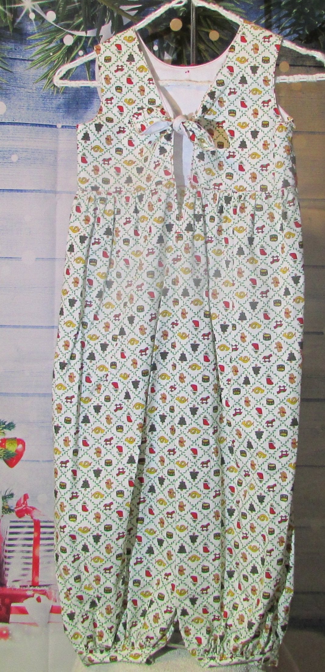 Girls Christmas Print Jumpsuit with Red Ribbon