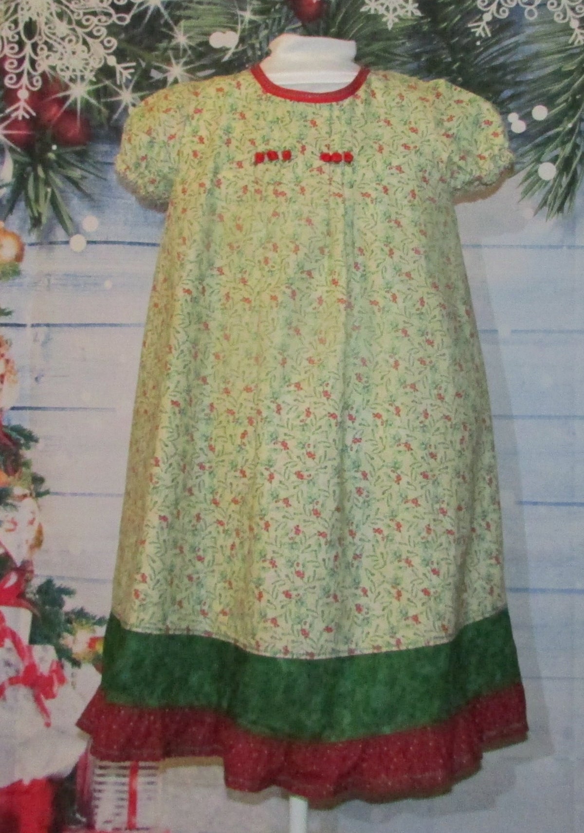 Girls Holly Berry Christmas Dress with Rose Accents