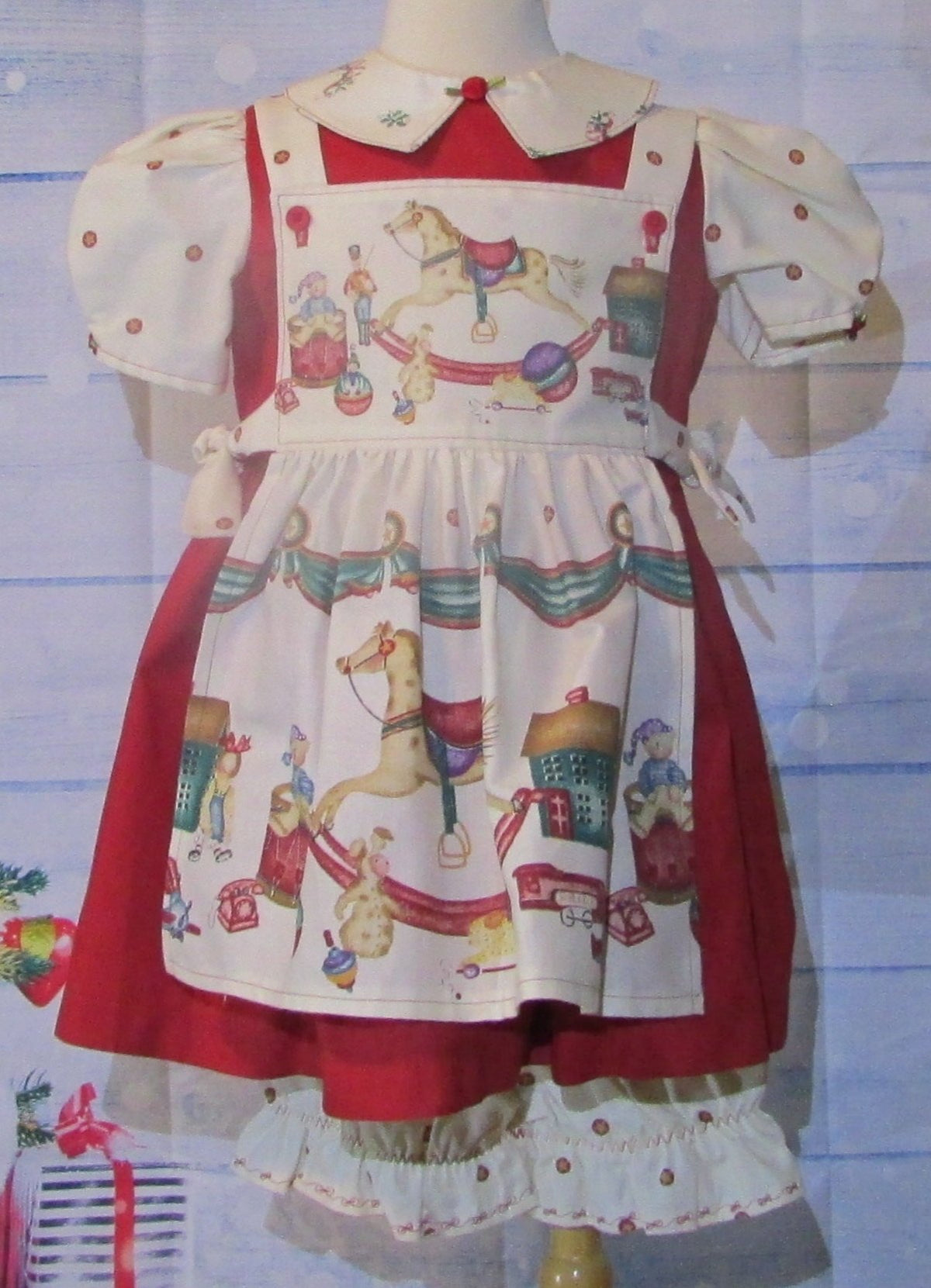 3 Pc Christmas Red Dress with Hobby Horse apron and panties