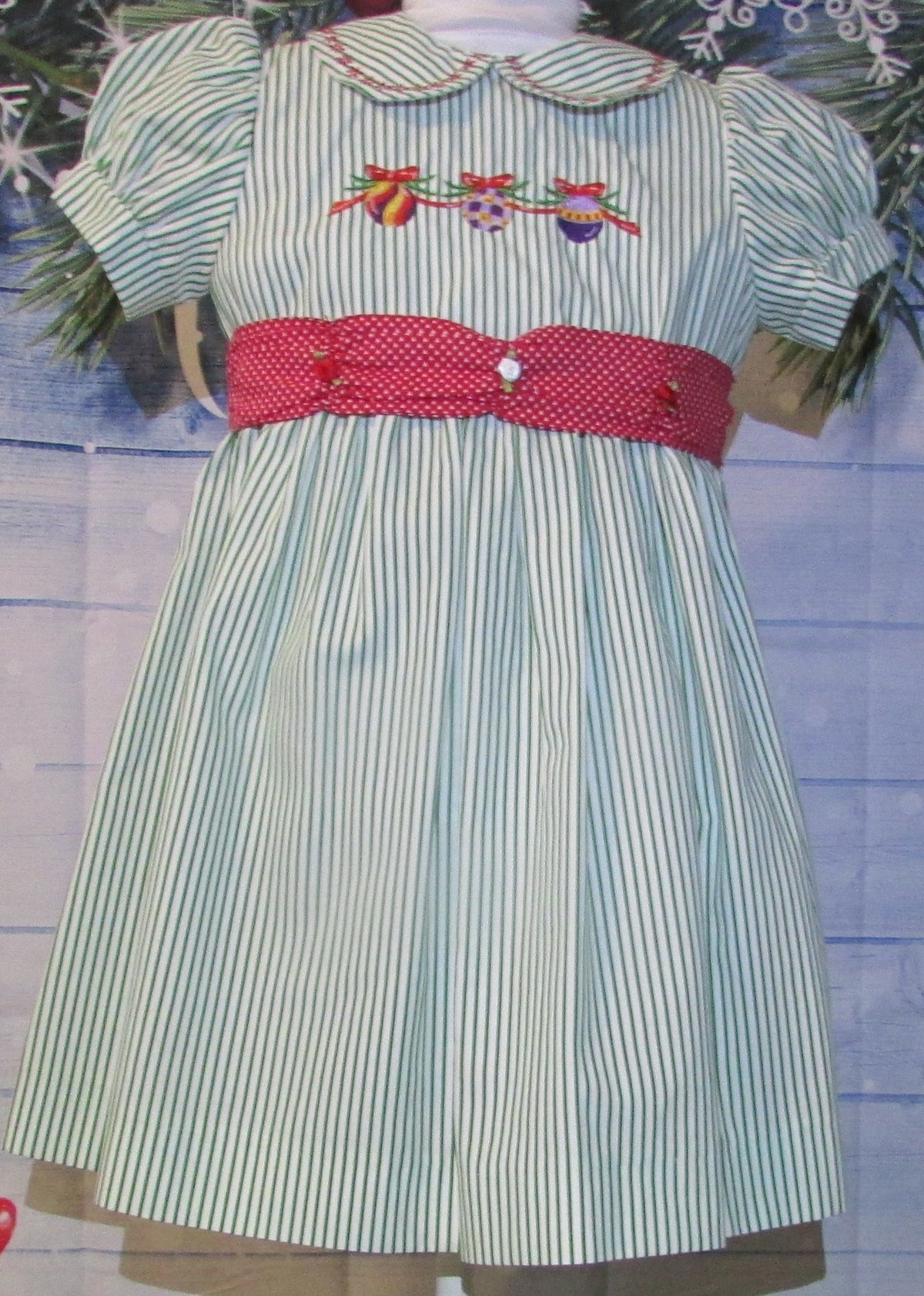 Christmas Dress Green Striped with Red Ribbon Sash