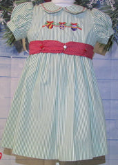 Christmas Dress Green Striped with Red Ribbon Sash