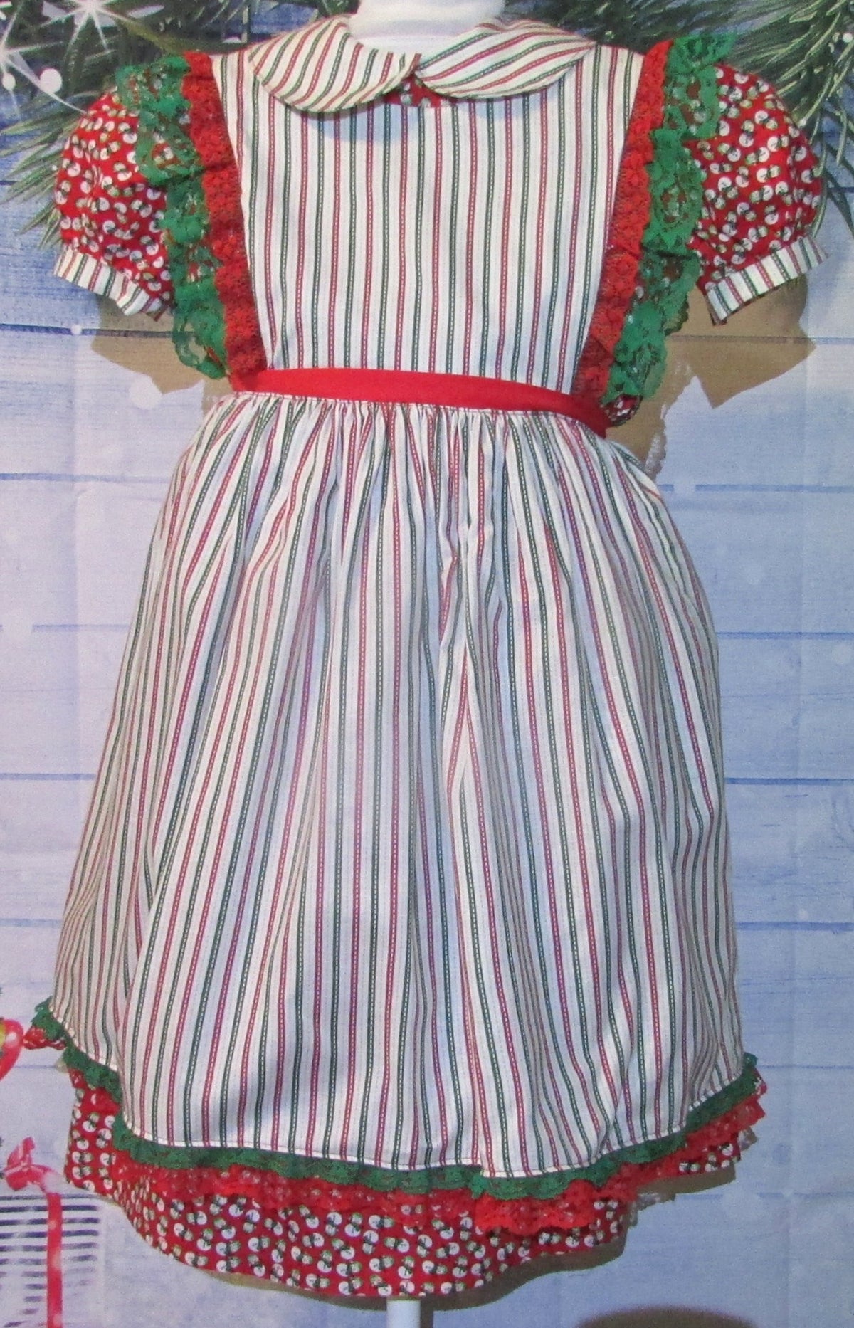 2Pc Christmas Dress Snowman with Red/White/Green Stripe Pinafore