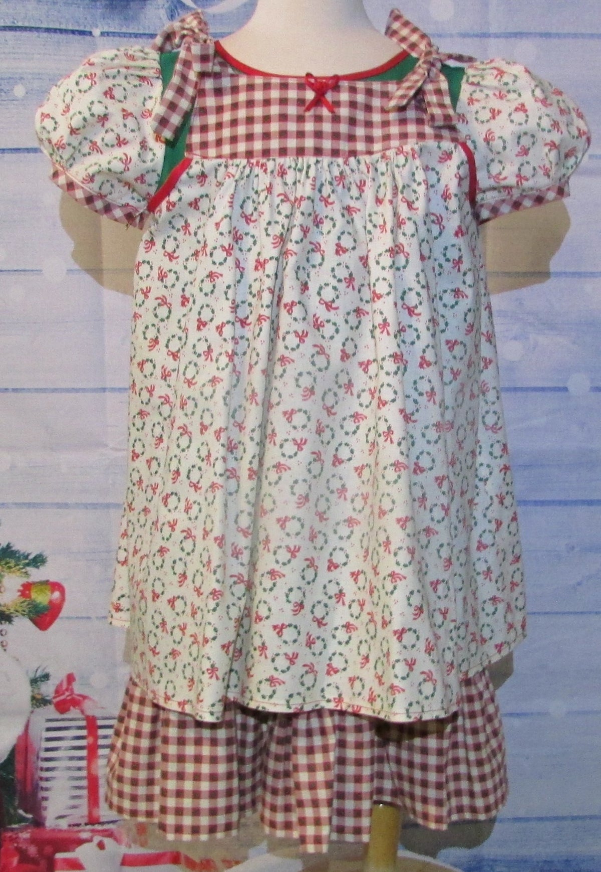 2 Pc Christmas Dress Wreath print Pinafore Green under Dress with Red Plaid