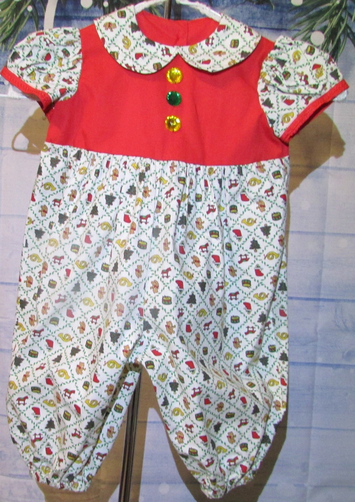 Christmas Print Jumpsuit with Red Top and Big Buttons