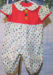 Christmas Print Jumpsuit with Red Top and Big Buttons