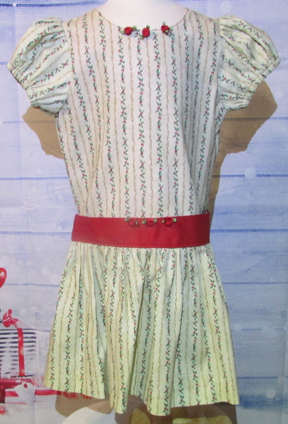 Christmas Holly Striped Dress with Red Sash and Roses